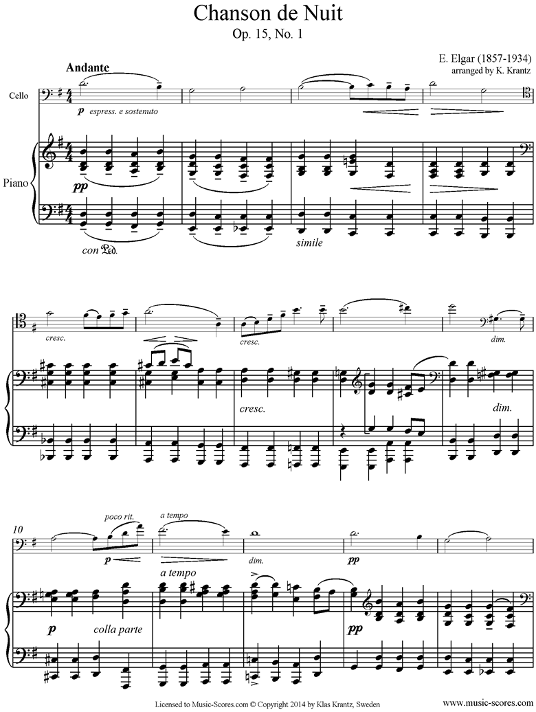 Front page of Chanson de Nuit: Cello, Piano sheet music