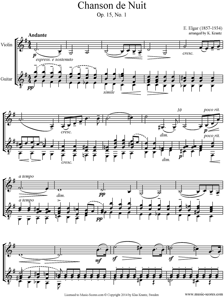 Front page of Chanson de Nuit: Violin, Guitar sheet music