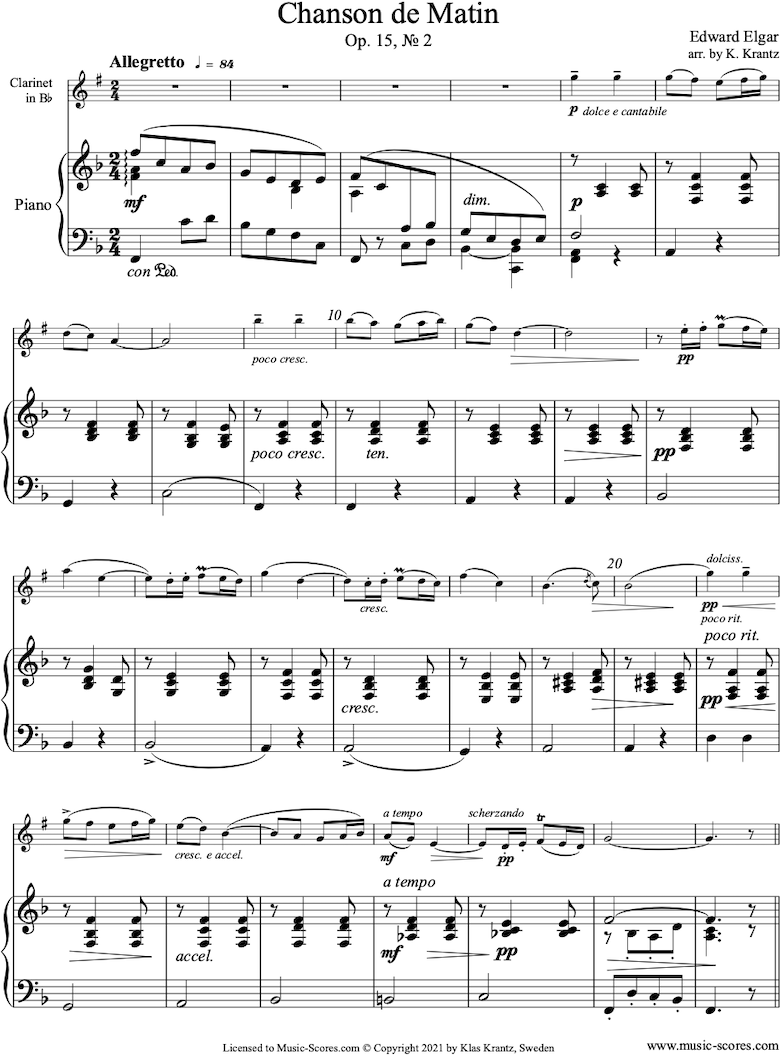 Front page of Chanson de Matin: Clarinet, Piano sheet music