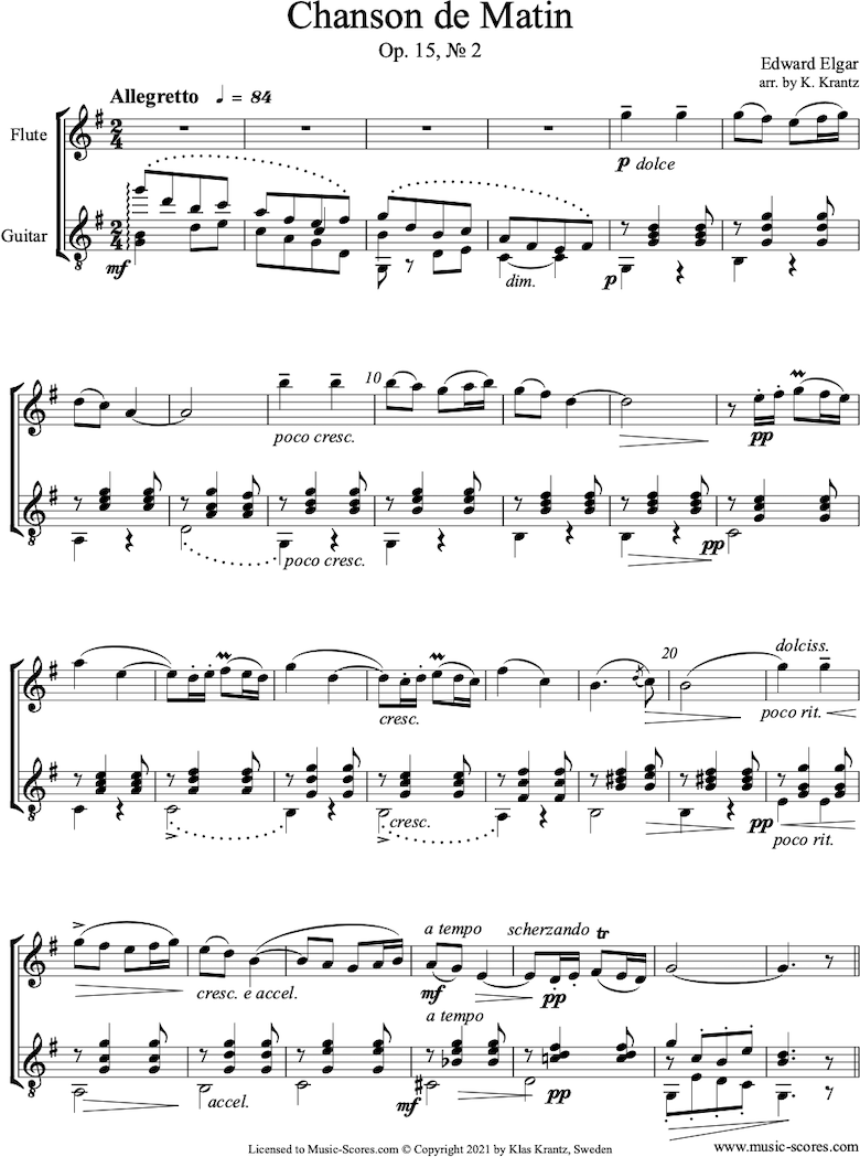 Front page of Chanson de Matin: Flute, Guitar sheet music