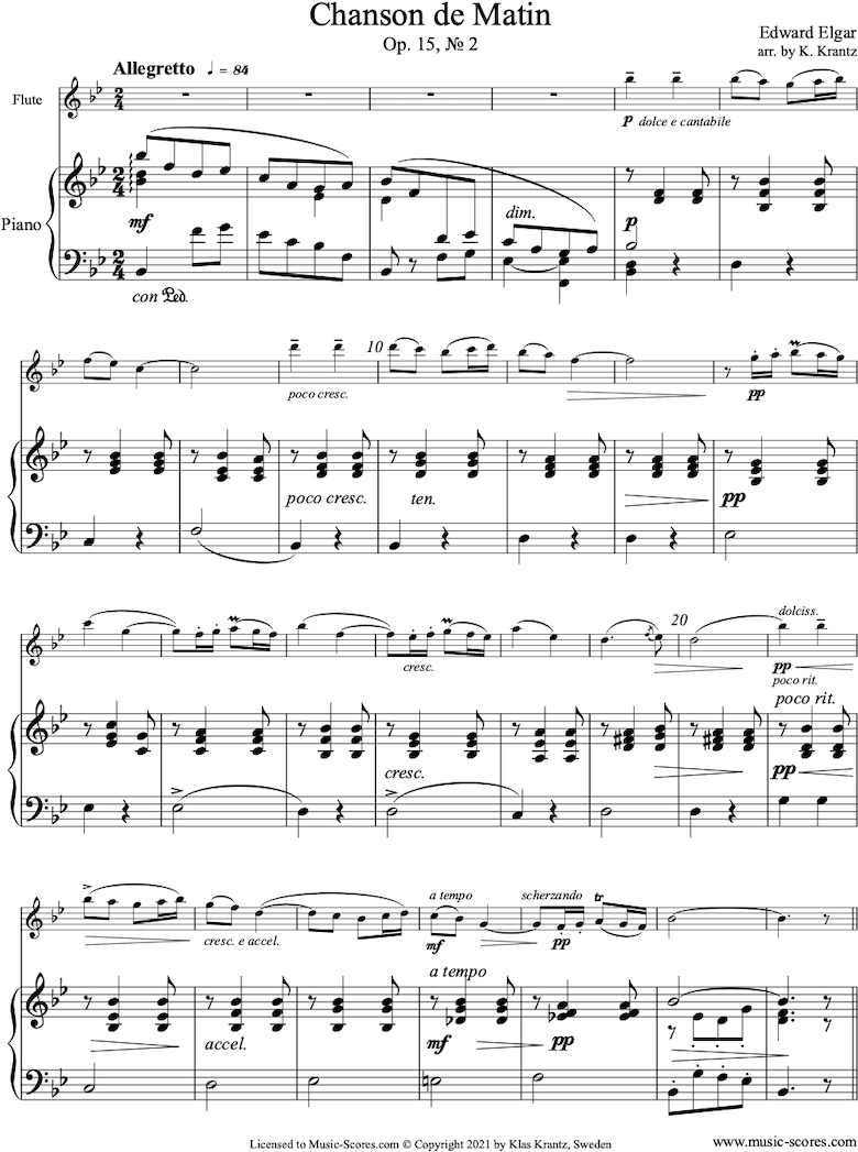 Front page of Chanson de Matin: Flute, Piano sheet music