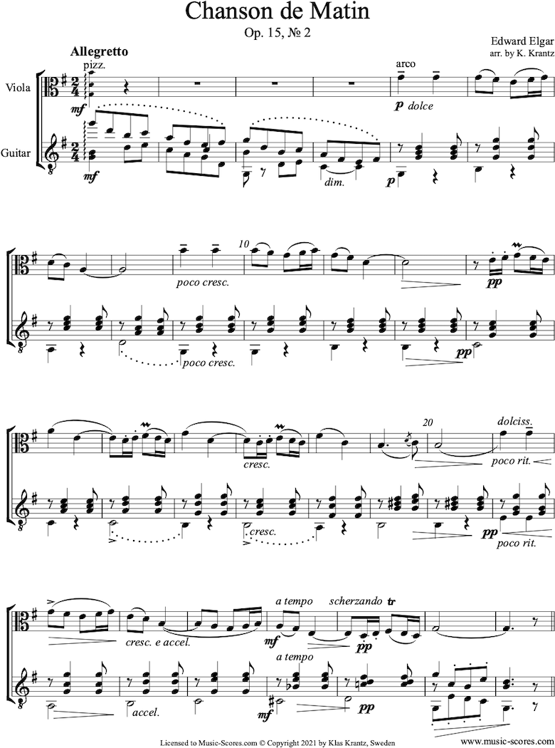 Front page of Chanson de Matin: Viola, Guitar sheet music