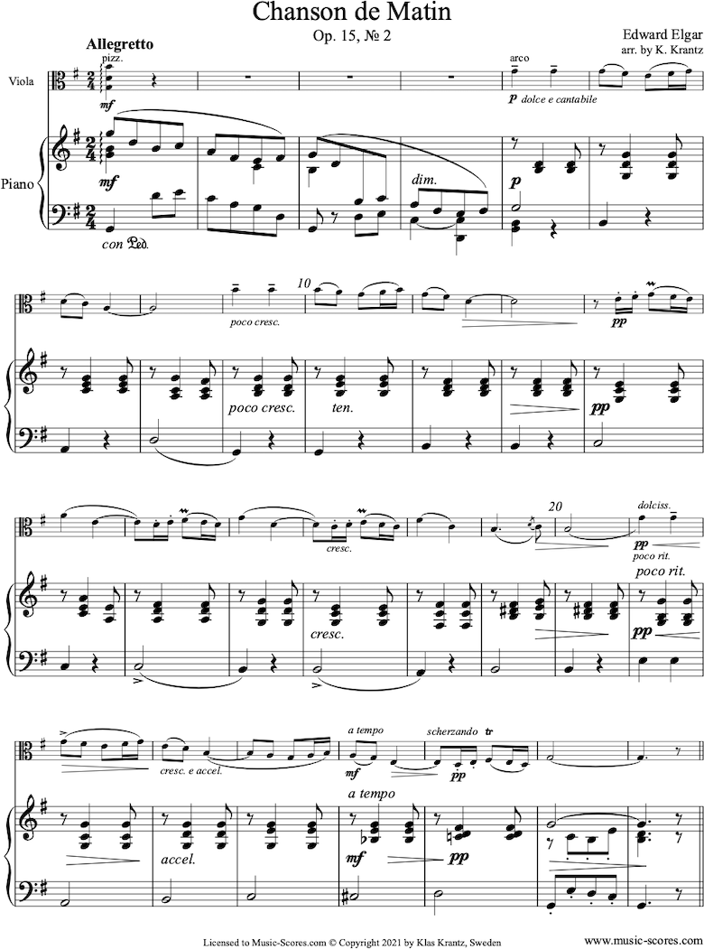 Front page of Chanson de Matin: Viola, Piano sheet music