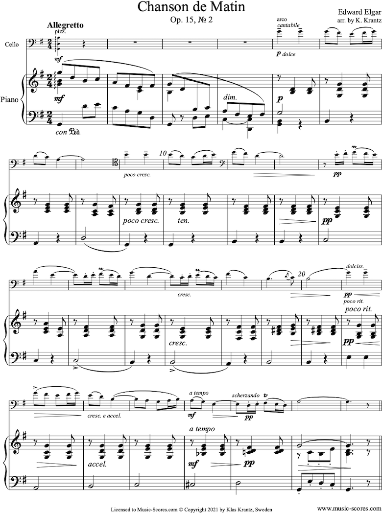 Elgar. Chanson de Matin Cello, Piano classical sheet music