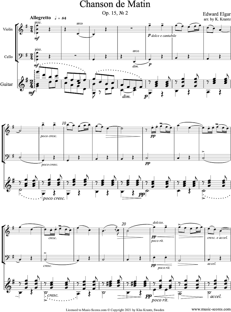 Front page of Chanson de Matin: Violin, Cello, Guitar sheet music