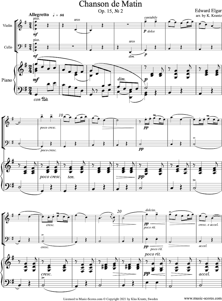 Front page of Chanson de Matin: Violin, Cello, Piano sheet music