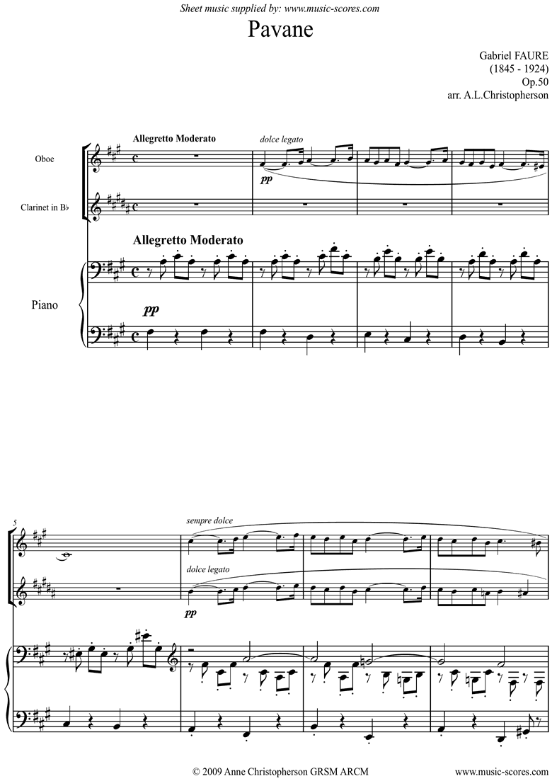 Front page of Op.50: Pavane: Oboe, Clarinet, Piano sheet music