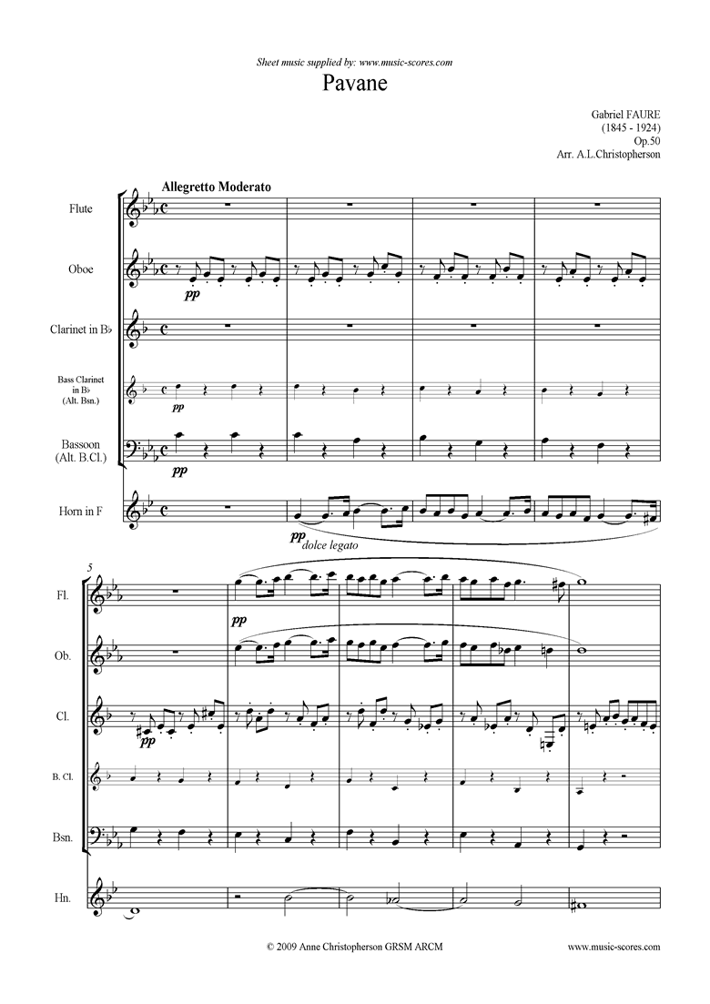 Front page of Op.50: Pavane: Wind quintet: Flute, Oboe, Clarinet, Bassoon, Horn sheet music
