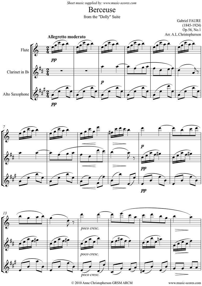 Front page of Op.56, No.1:Berceuse from Dolly Suite: Fl, Cl, Asx sheet music