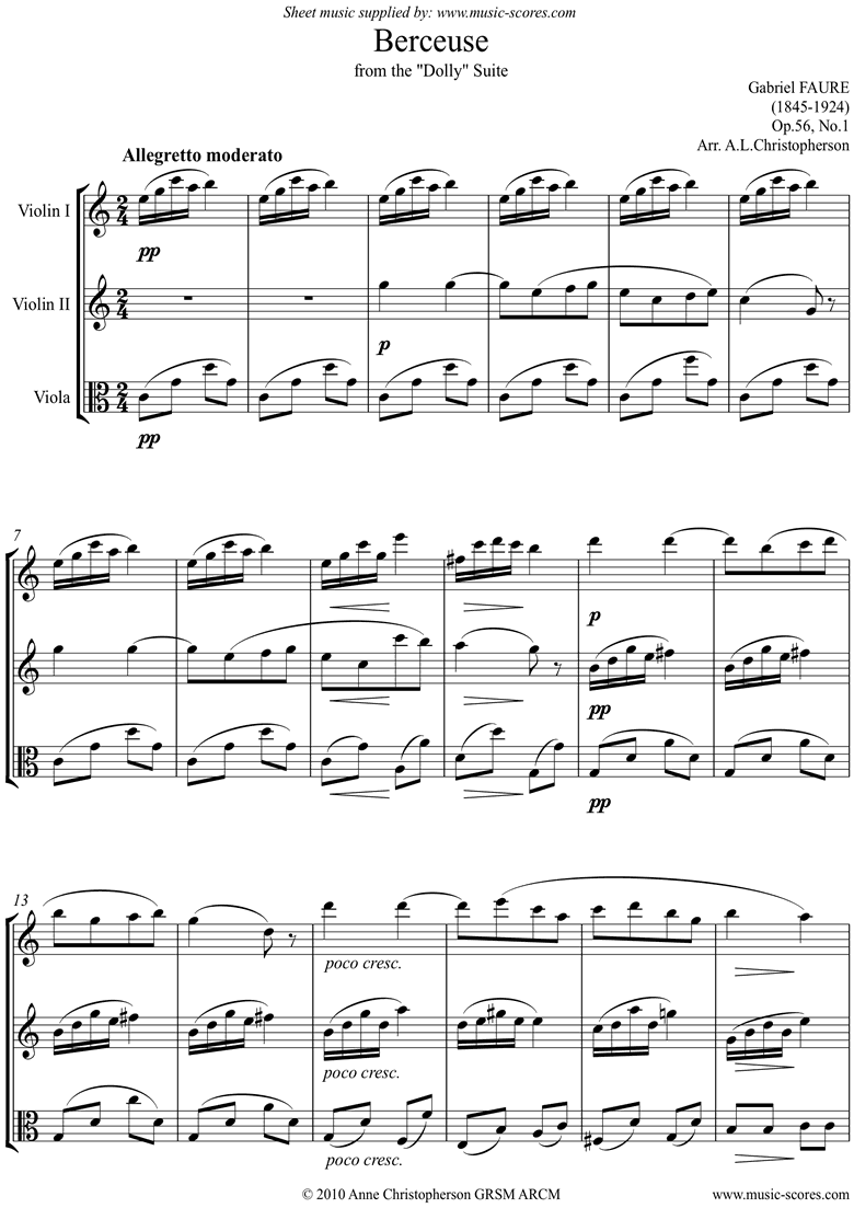 Front page of Op.56, No.1: Berceuse from Dolly Suite: 2 Vns, Vc sheet music
