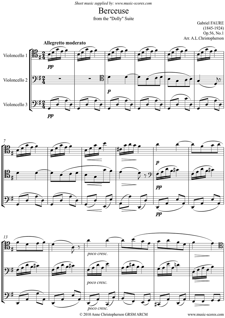 Op.56, No.1: Berceuse from Dolly Suite: 3 Cellos by Faure