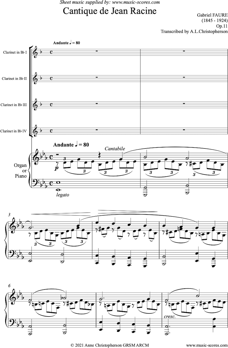 Front page of Op.11: Cantique de Jean Racine: 4 Clarinets and Piano or Organ sheet music