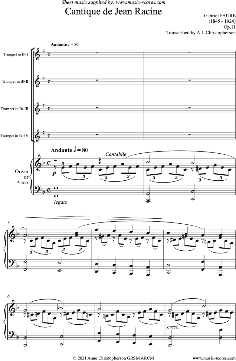 Front page of Op.11: Cantique de Jean Racine: 4 Trumpets and Piano or Organ sheet music