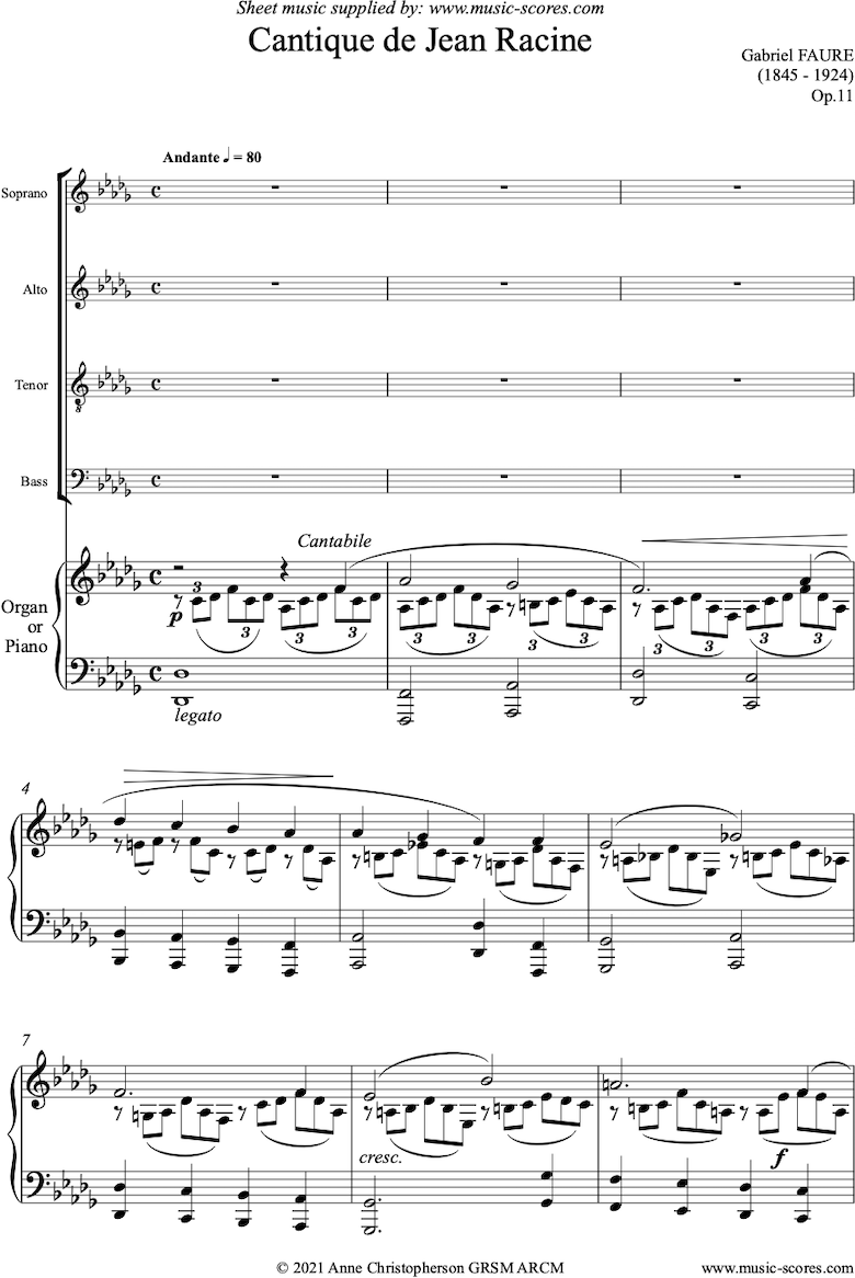 Op.11: Cantique de Jean Racine: SATB and Piano or Organ by Faure