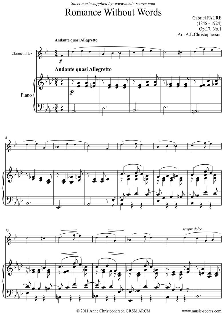 Front page of Op.17, No.1: Romance Without Words: Clarinet sheet music