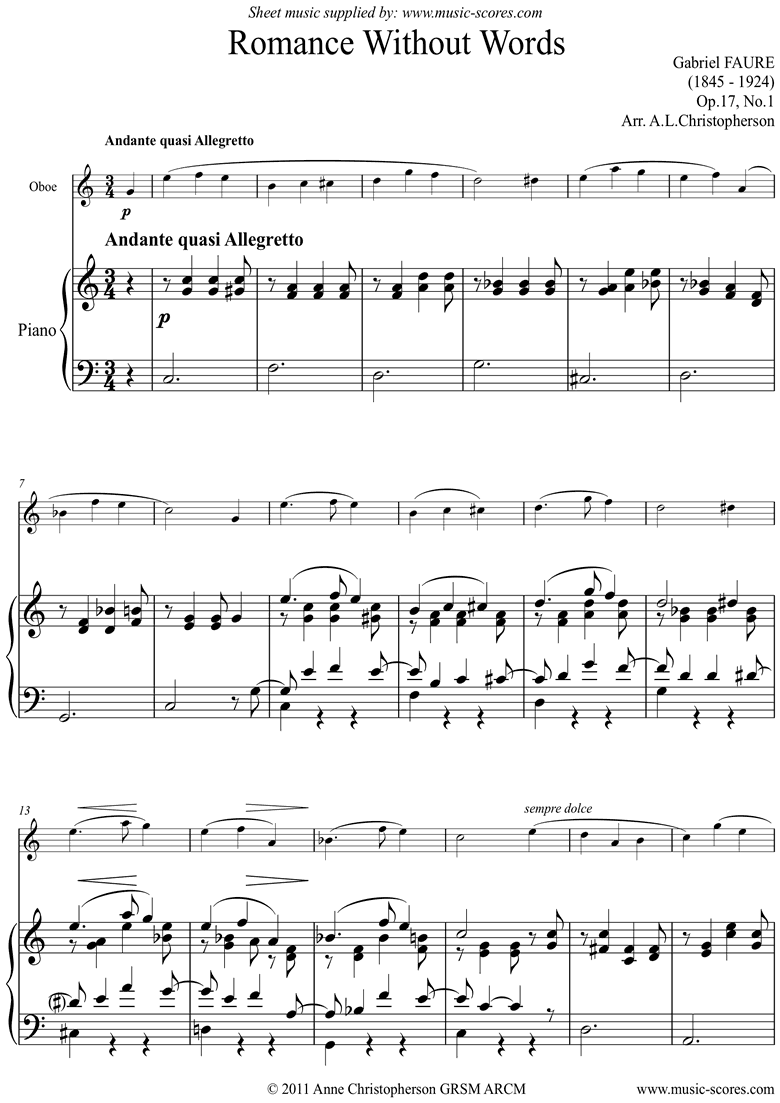 Front page of Op.17, No.1: Romance Without Words: Oboe sheet music