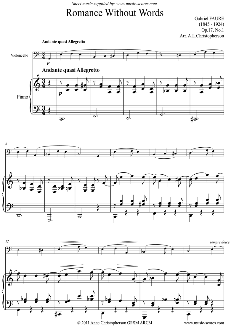 Front page of Op.17, No.1: Romance Without Words: Cello sheet music