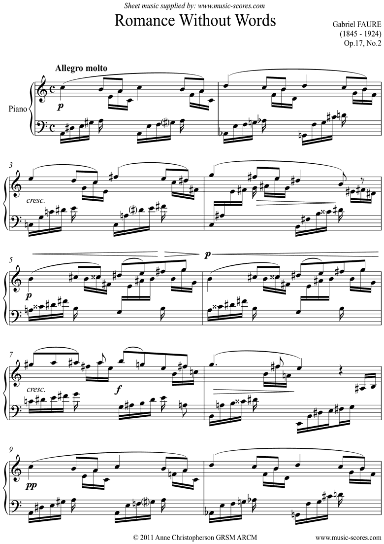 Front page of Op.17, No.2: Romance Without Words: Piano sheet music