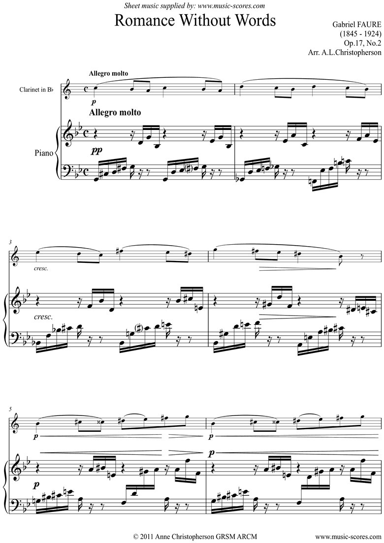 Front page of Op.17, No.2: Romance Without Words: Clarinet sheet music