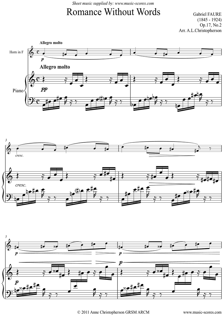 Front page of Op.17, No.2: Romance Without Words: Horn sheet music