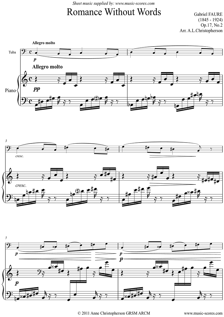 Front page of Op.17, No.2: Romance Without Words: Tuba sheet music