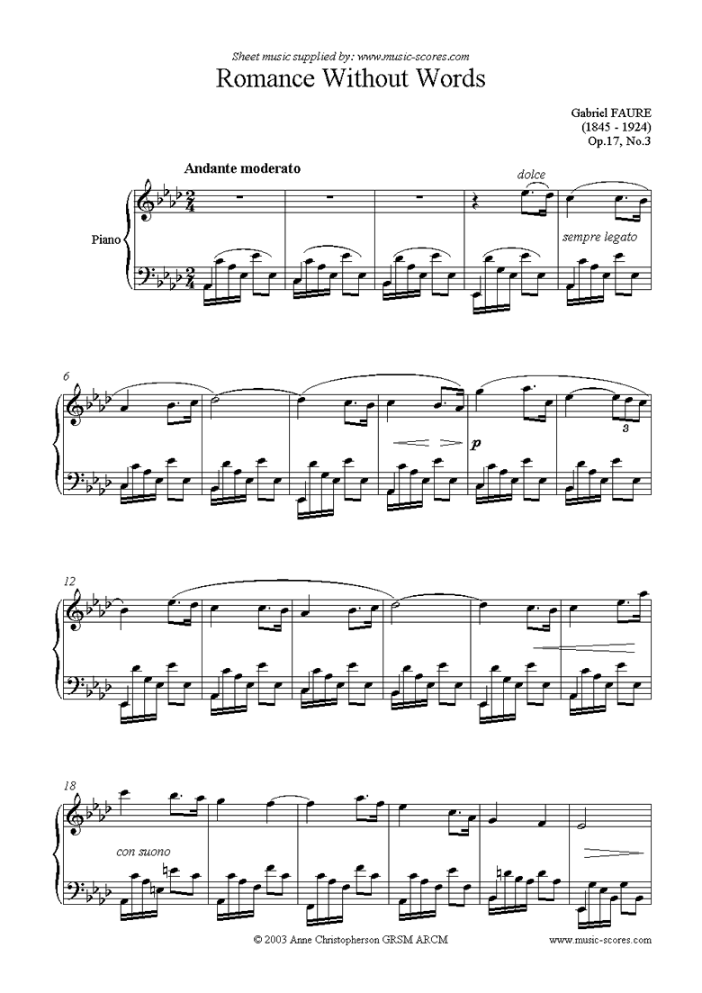 Front page of Op.17, No.3: Romance Without Words: Piano sheet music