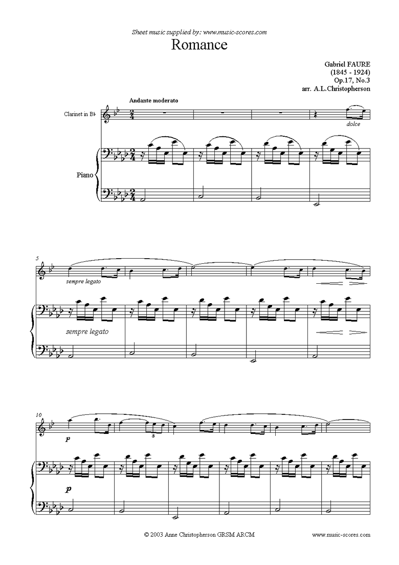 Front page of Op.17, No.3: Romance Without Words: Clarinet sheet music