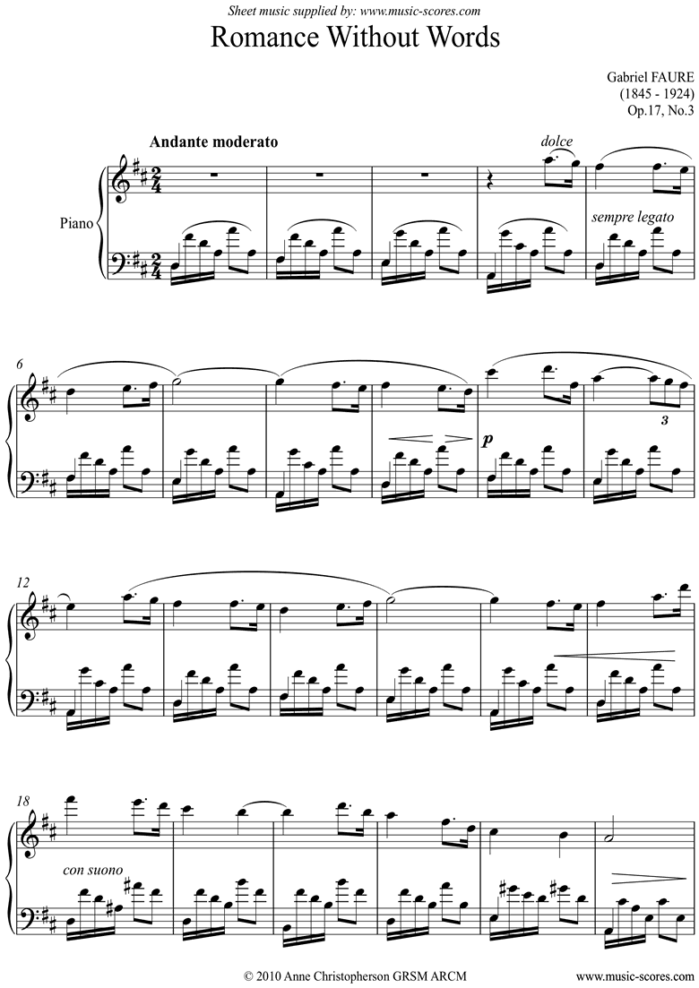 Front page of Op.17, No.3: Romance Without Words: D ma sheet music