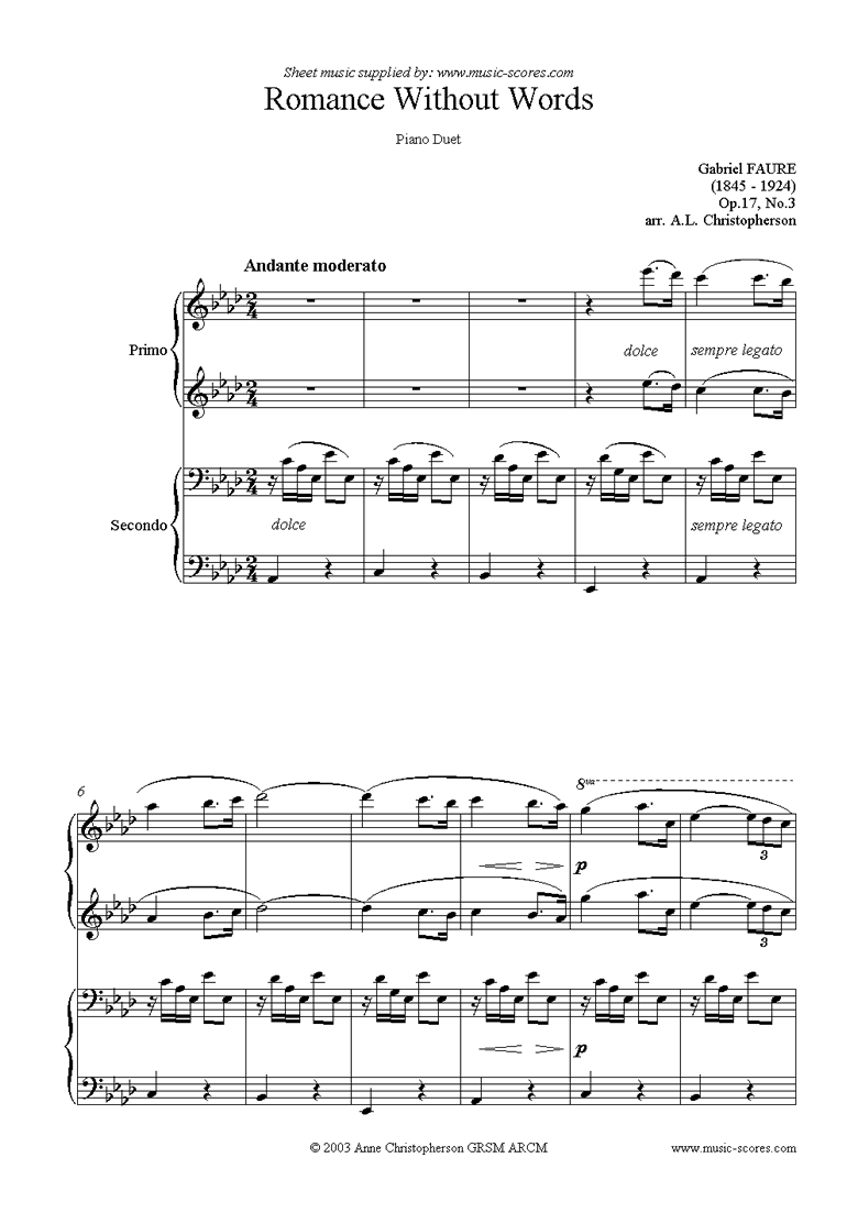 Front page of Op.17, No.3: Romance Without Words: Piano Duet sheet music