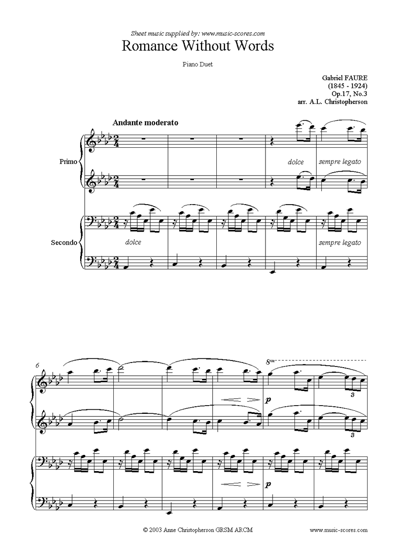 Op.17, No.3: Romance Without Words: Piano Duet by Faure