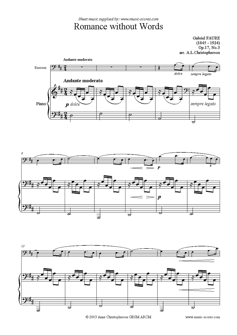 Front page of Op.17, No.3: Romance Without Words: Bassoon sheet music