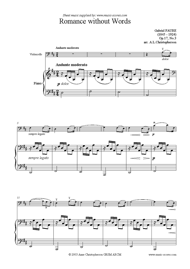 Front page of Op.17, No.3: Romance Without Words: Cello sheet music