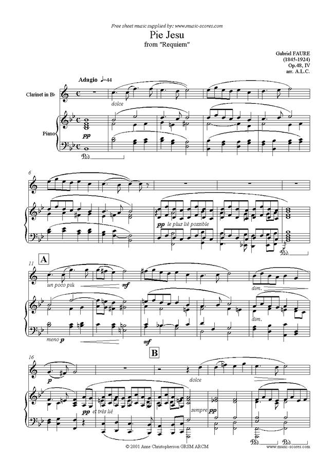 Op.48: Pie Jesu from Fauré Requiem: Clarinet, Piano by Faure