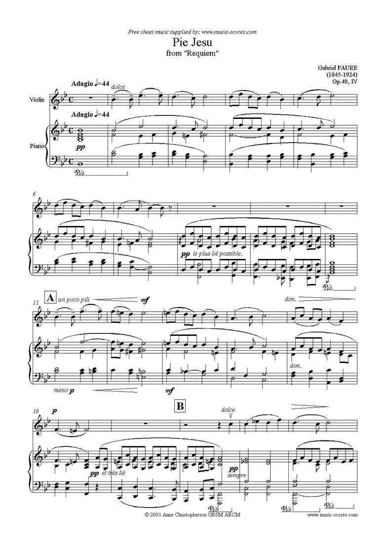 Front page of Op.48: Pie Jesu from Fauré Requiem: Violin, Piano sheet music