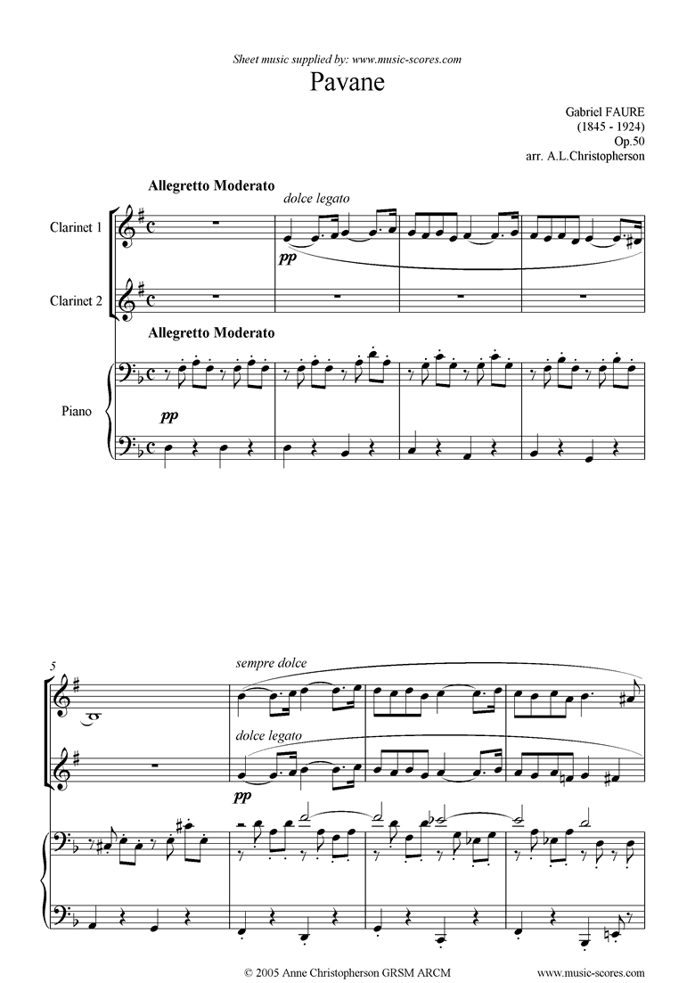 Front page of Op.50: Pavane: 2 Clarinets lower sheet music