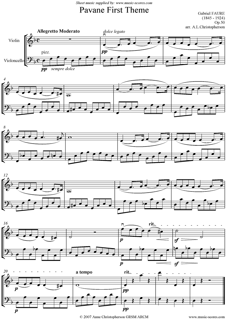 Front page of Op.50: Pavane: Violin and Cello unaccompanied sheet music