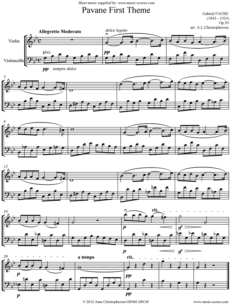 Front page of Op.50: Pavane: Violin and Cello unaccompanied, G mi sheet music