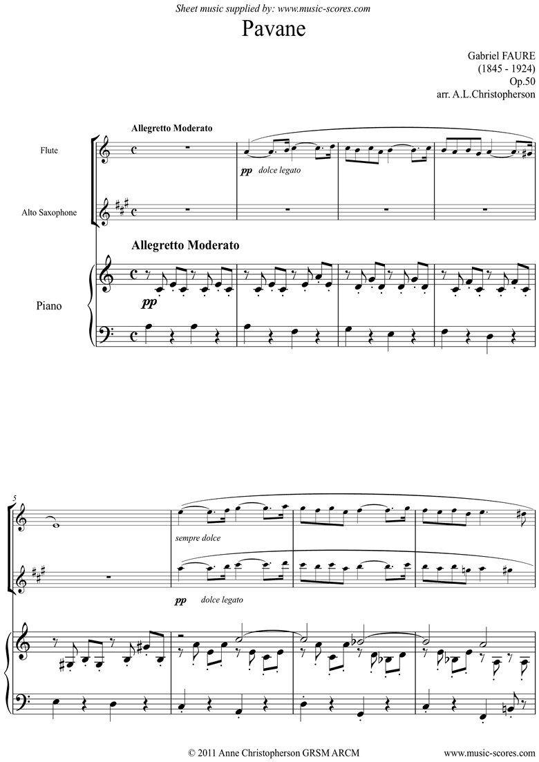 Front page of Op.50: Pavane: Flute, Alto Sax and Piano sheet music