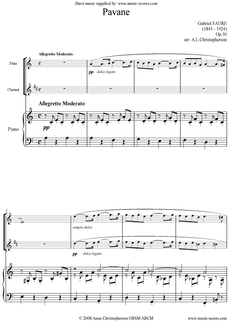 Front page of Op.50: Pavane: Flute, Clarinet and Piano sheet music