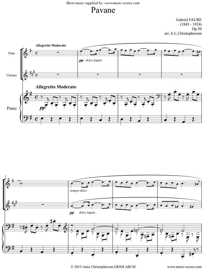 Front page of Op.50: Pavane: Flute, Clarinet and Piano. E mi sheet music