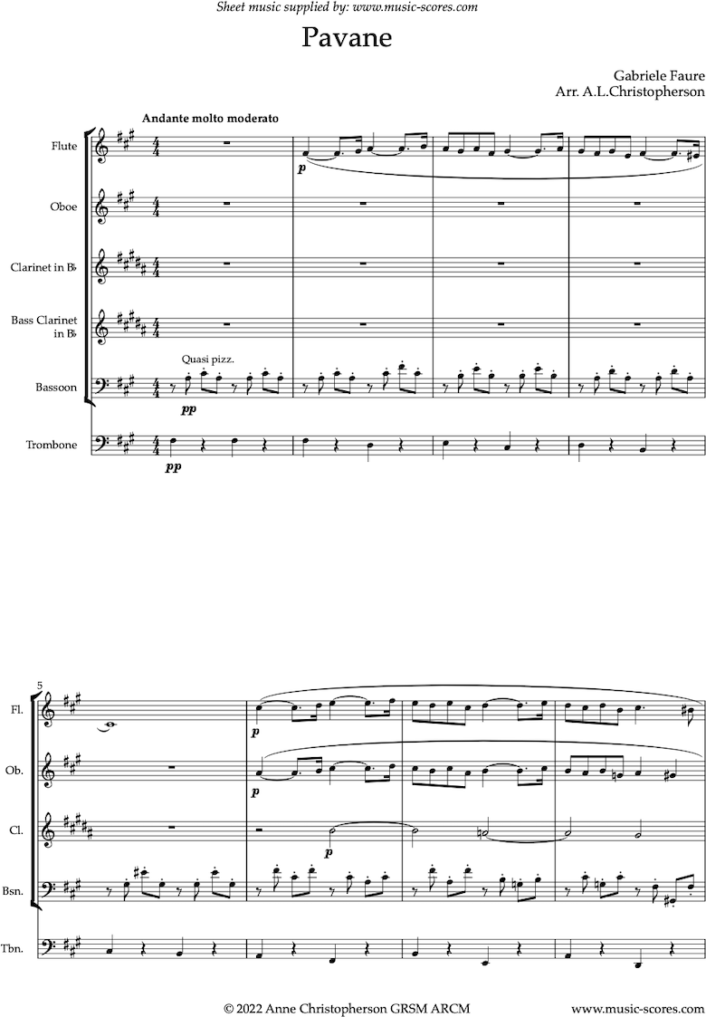Op.50: Pavane: Sextet: Flute, Oboe, Clarinet, Bass Clarinet, Bassoon and Trombone by Faure