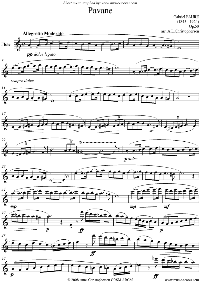 Faure. Op.50 Pavane Flute Solo full length version classical sheet music