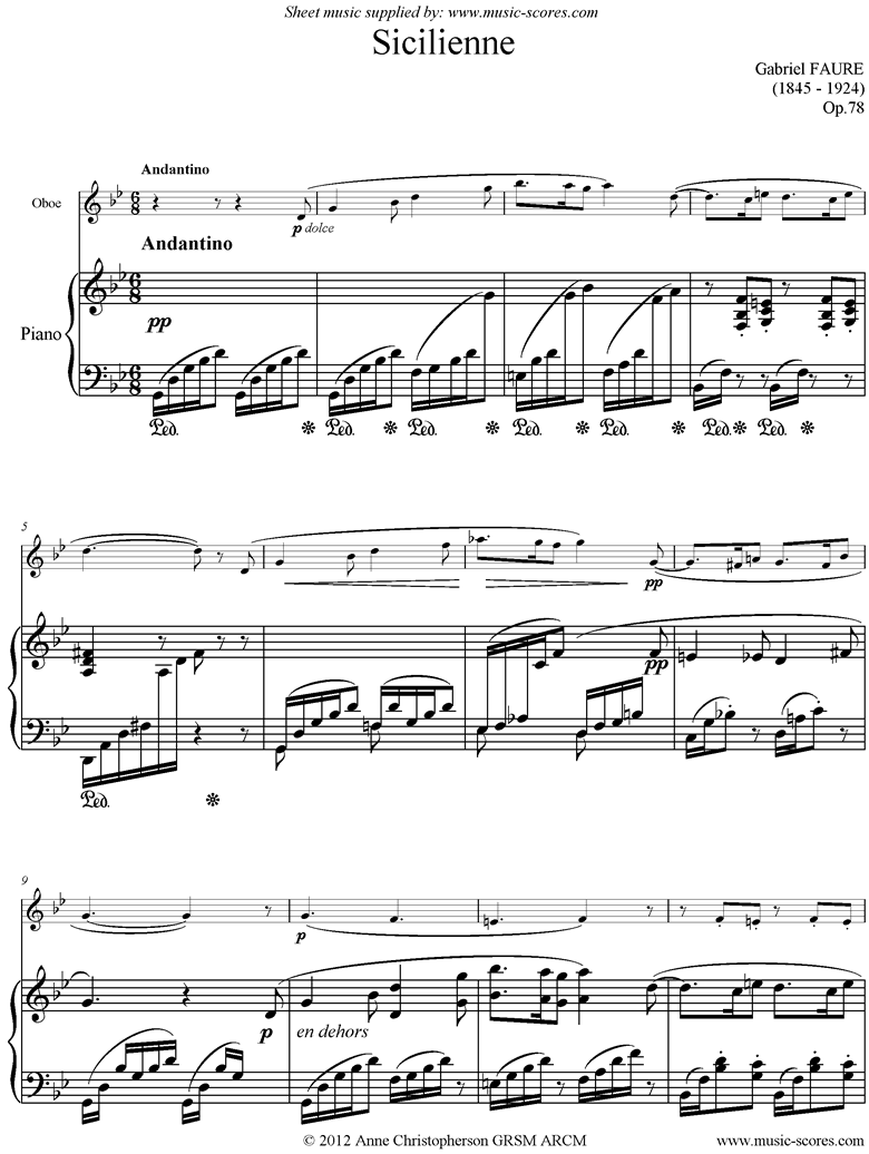 Op.78,80: Sicilienne: Oboe and Piano by Faure