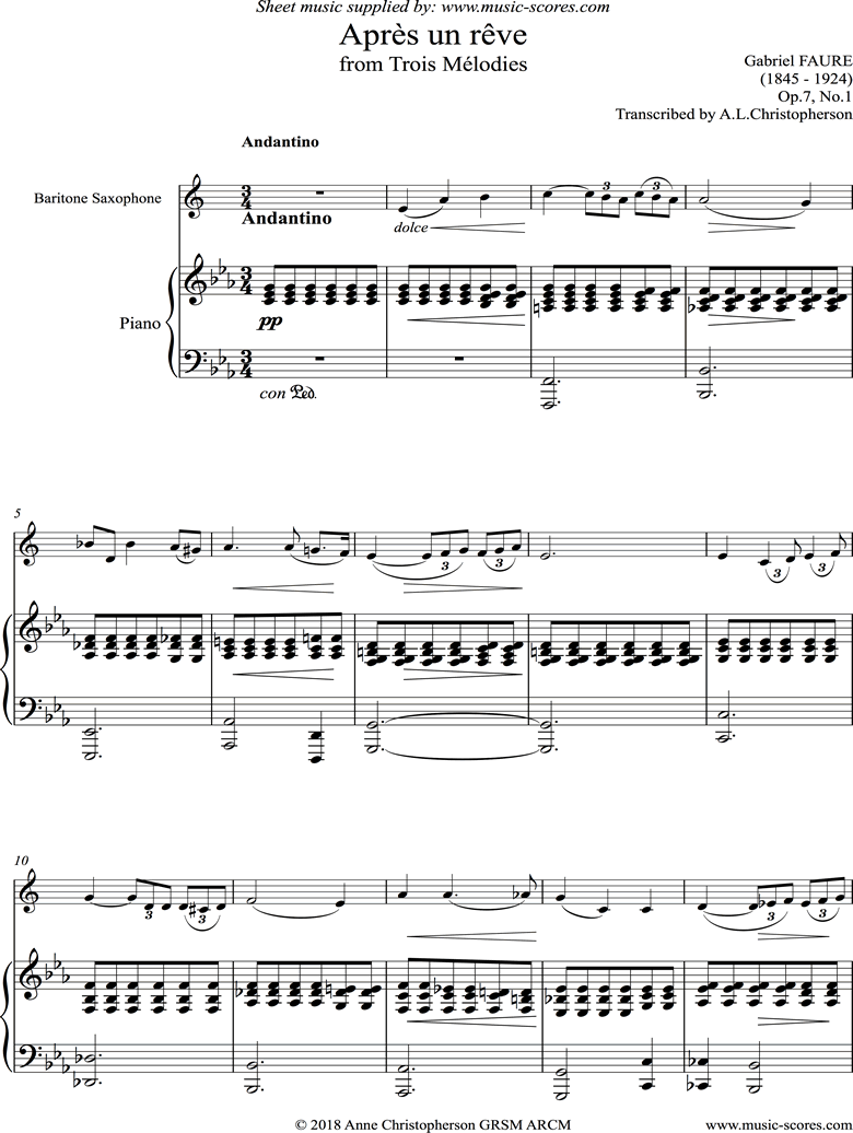 Front page of Op.07 No.1: Apres un Reve: Bari Sax sheet music