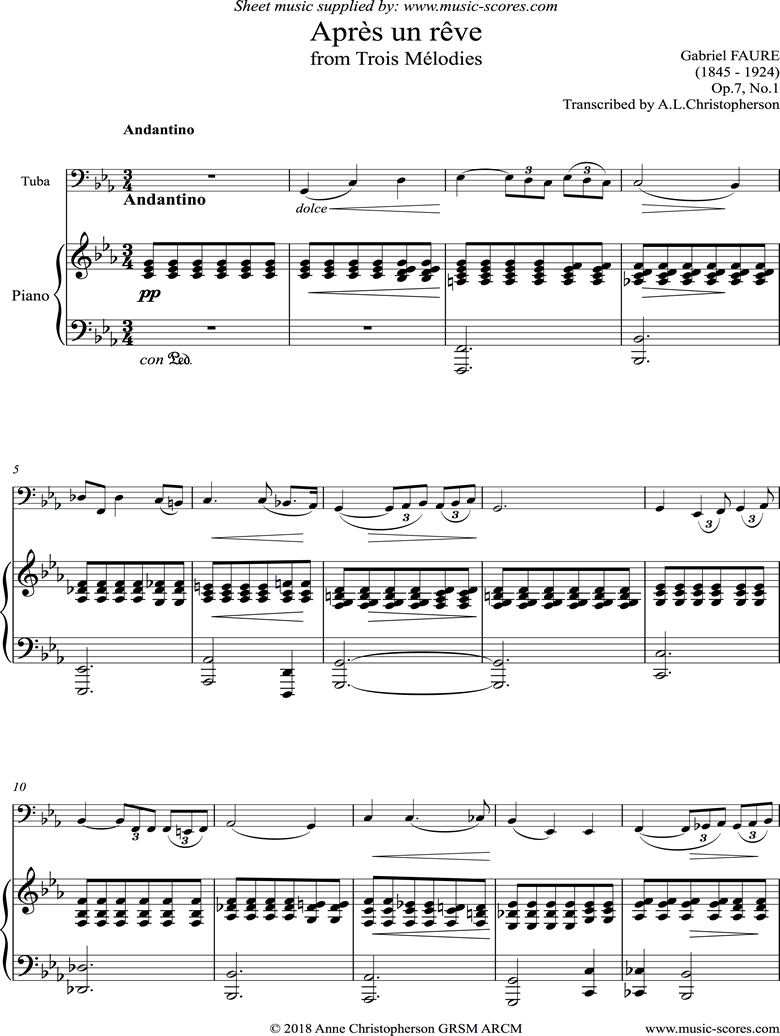 Front page of Op.07 No.1: Apres un Reve: Tuba sheet music