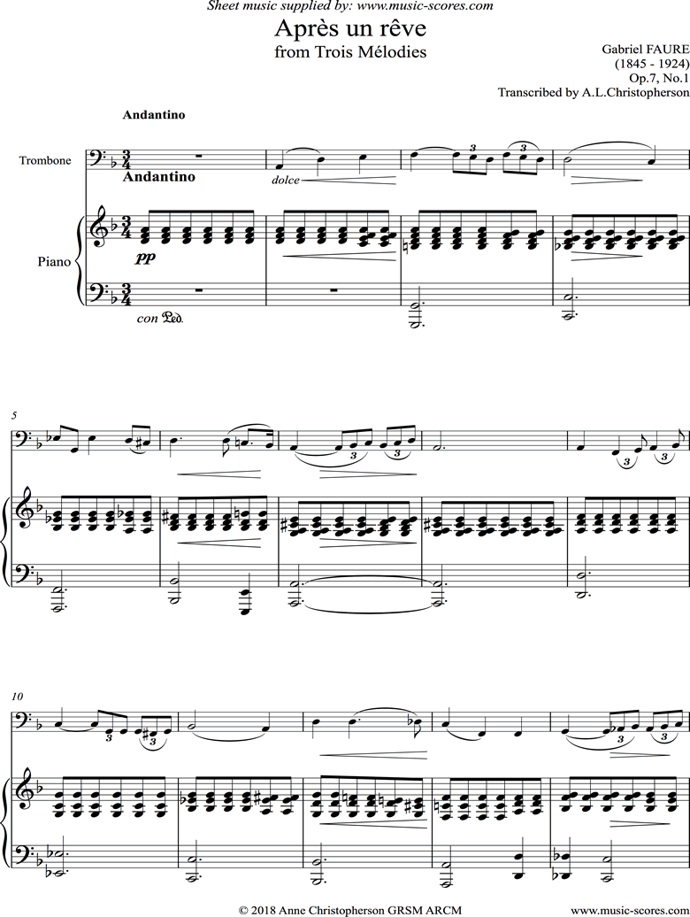 Front page of Op.07 No.1: Apres un Reve: Trombone sheet music