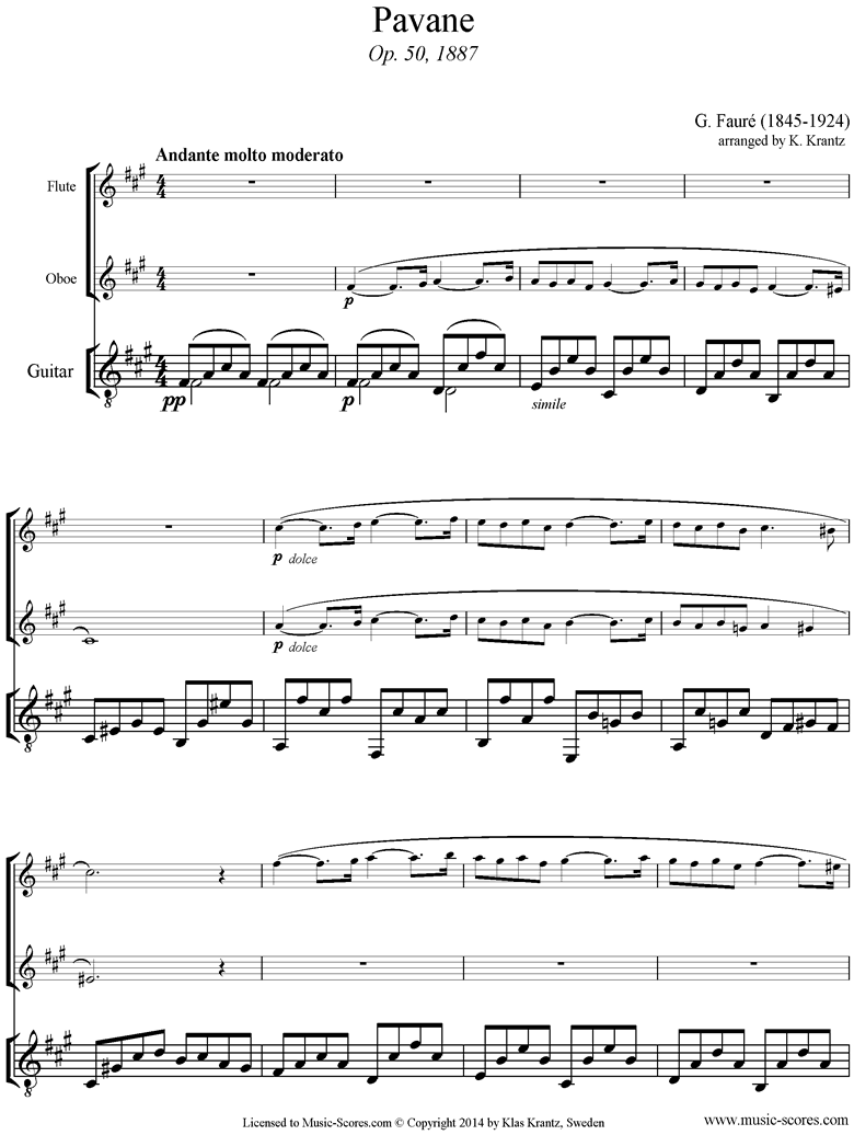Front page of Op.50: Pavane: Flute, Oboe, Guitar sheet music