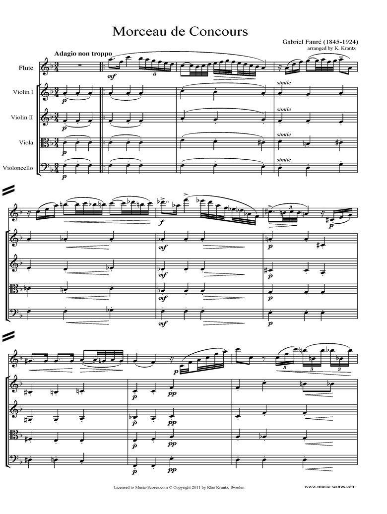 Front page of Morceau de Concours: Flute, 2 Violins, Viola, Cello sheet music