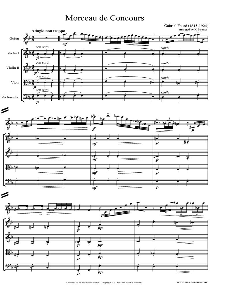 Front page of Morceau de Concours: Guitar, 2 Violins, Viola, Cello sheet music