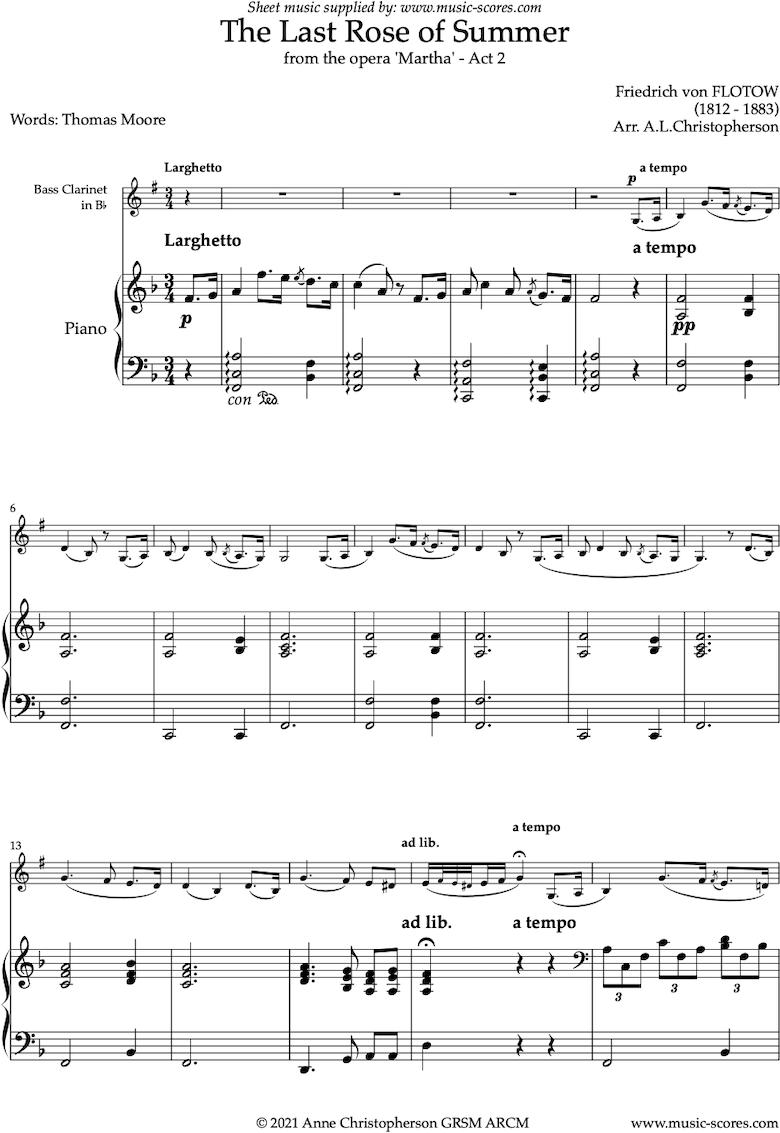 Front page of The Last Rose of Summer: Bass Clarinet sheet music